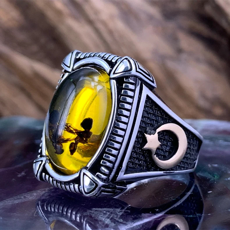 Vintage Grote Ovale Natuurlijke Agaat Ringen Heren Vintage Ingelegd Geel Amber Mier Ringen Voor Bruiloft Sieraden: 13 / Black