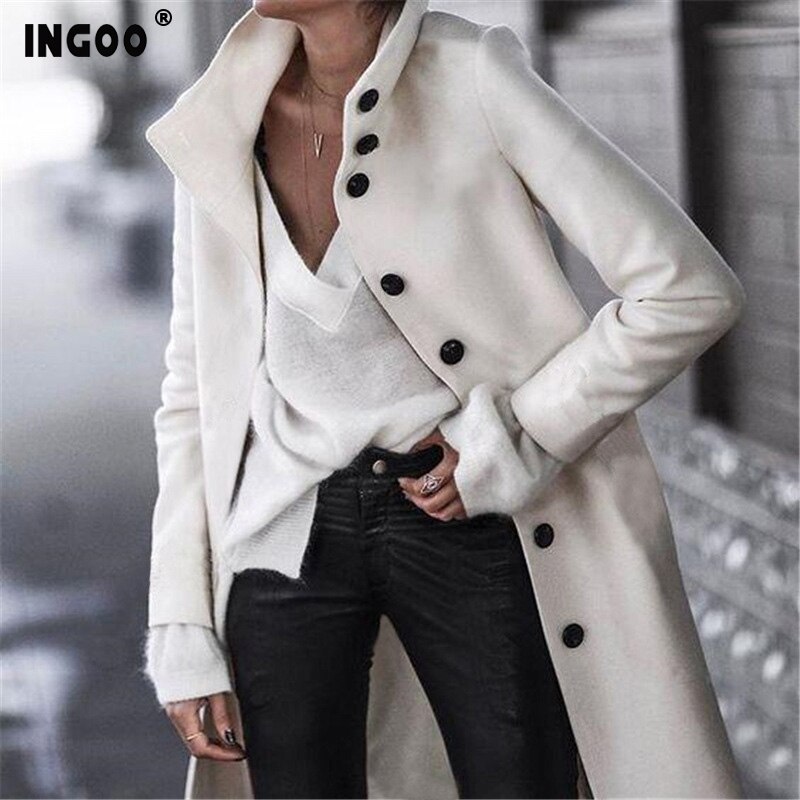INGOO Autumn Women Long Wool Trench Coat Feminino Office Ladies Caots Winter Casual Vintage A Line Solid Overcoats Femala