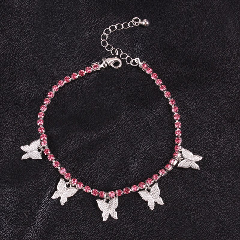 Gouden Vlinder Enkelbandje Tennis Rhinestone Enkelband Boho Sieraden Voor Vrouwen Sliver Kleur Crystal Armbanden Enkelband Beach Voet Been Keten: HJ042P-pink