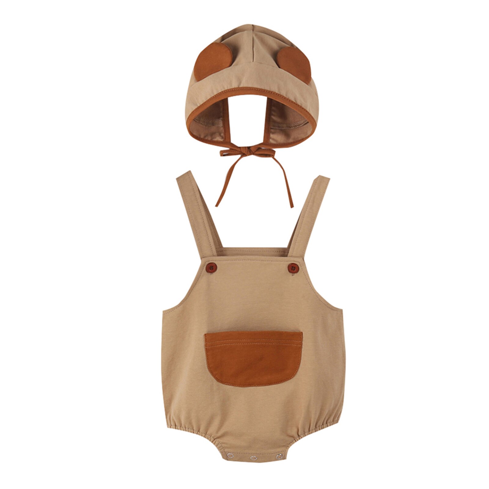 Atmungsaktiver Baby-strampler für mädchen und jungen, süßer sommer-Gesamt mit taschen, ärmellos, mit trägern + niedliche mütze: Braun / 6m