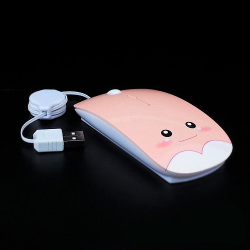 Retractable Wired Mouse Cartoon Gaming Mouse Silent Computer Mouse 1600DPI Optical Mouse Pink Blue White Mouse: pink
