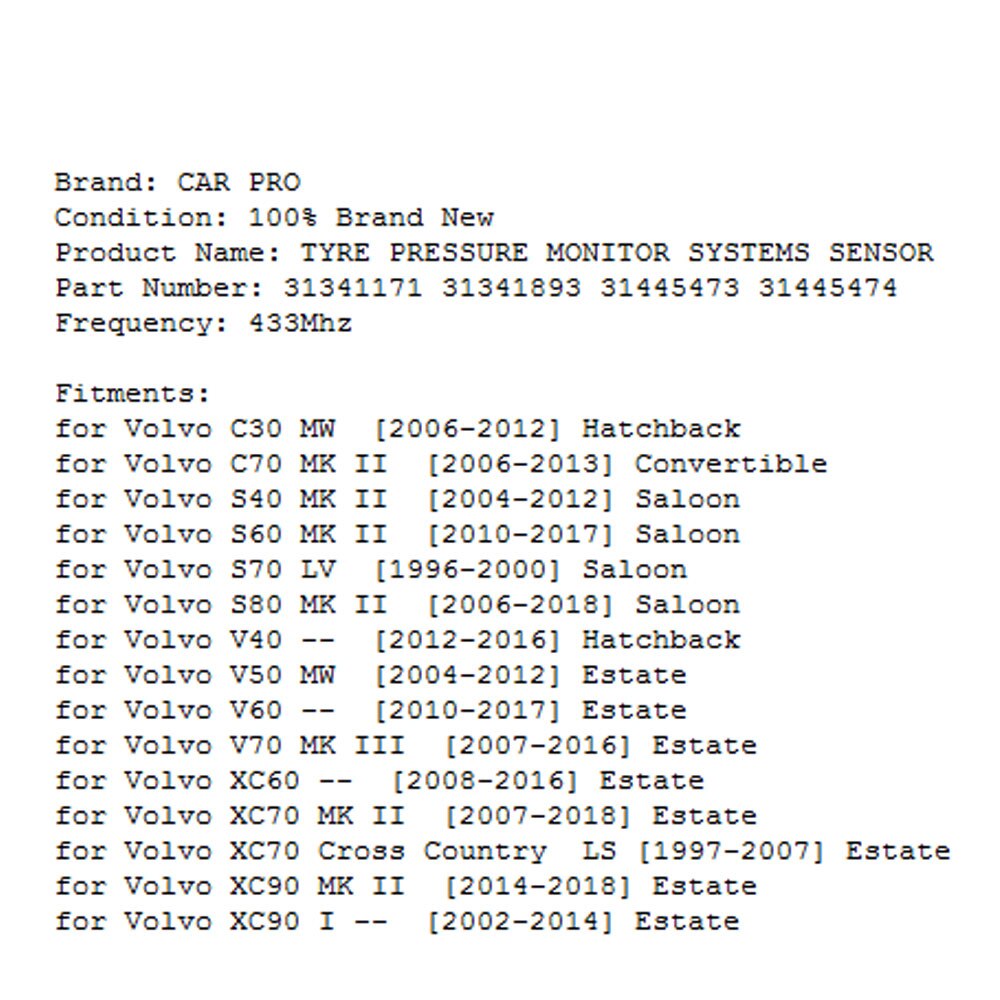 4 Stuks Bandenspanning Sensor Tpms 31341171 31341893 Voor Volvo C30 C70 S40 S60 S70 S80 V40 V50 V60 V70 XC60 XC70 XC90