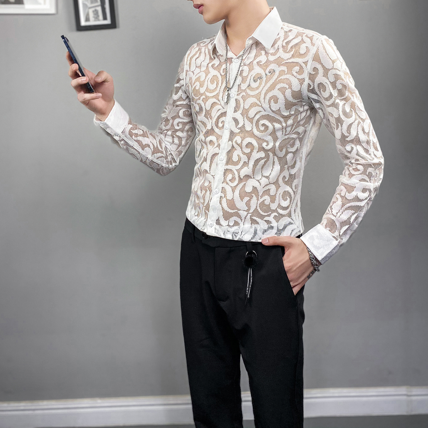 Autumn Sexy Transparent Lace Shirt Men Clothing 2022 Simple All Match Slim Fit Long Sleeve Club/Prom Tuxedo Chemise Homme