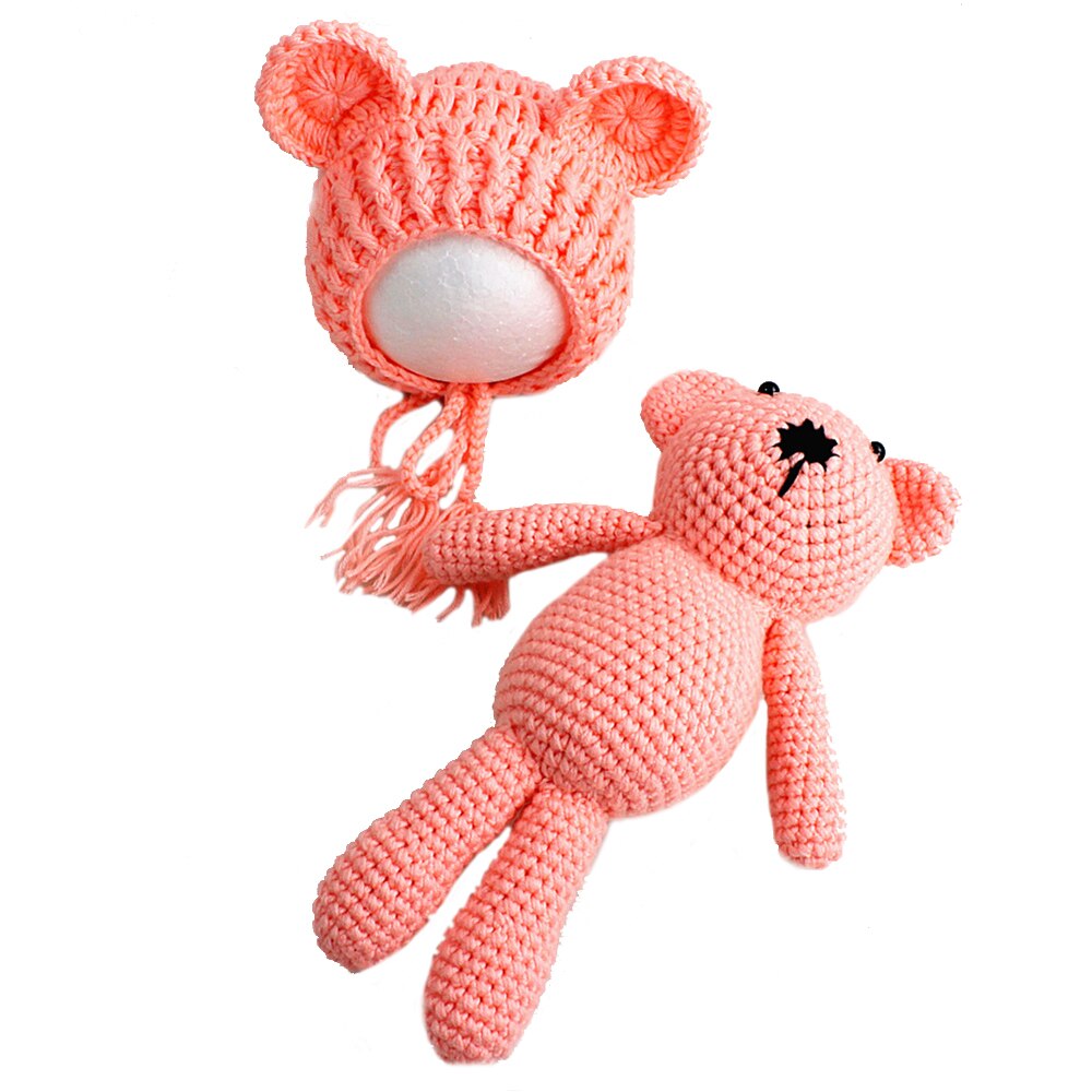 Nyfödda babyhattar fotografi rekvisita flickor pojkar virkade stickade dräkter med öronleksaker + hattar 2 st söta för baby: Rosa