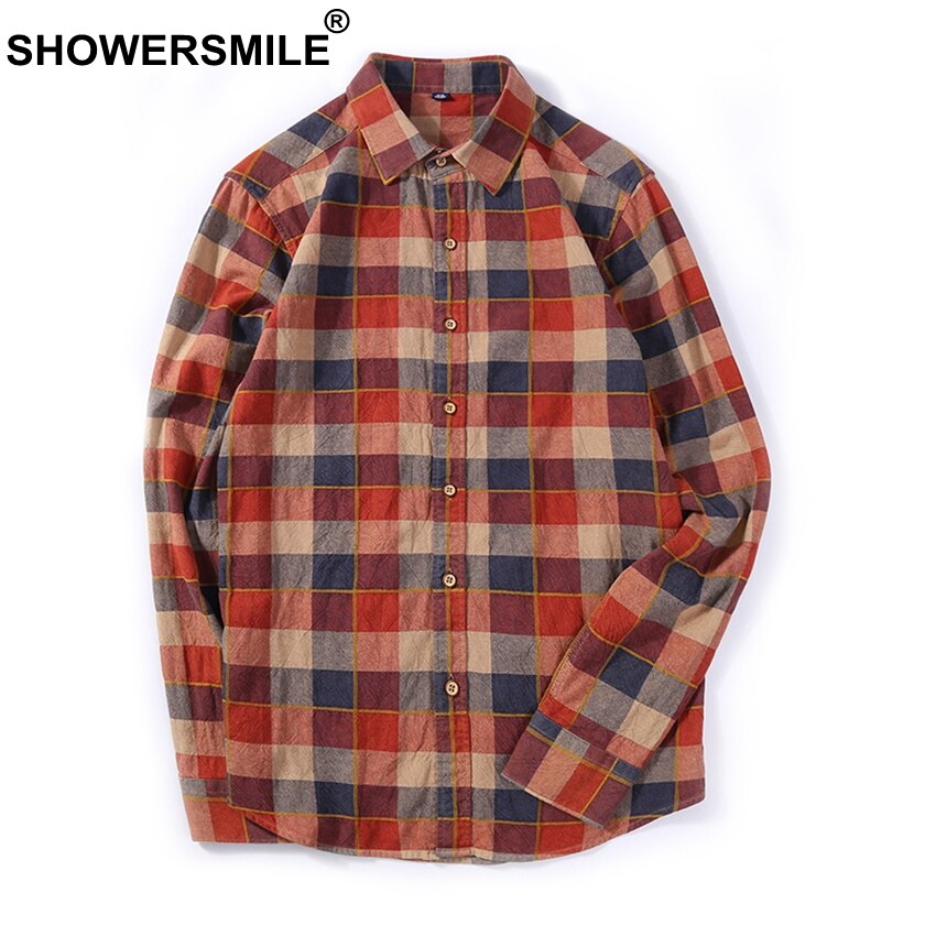 Showersmile brune rutete skjorter menn flanell casual langermet skjorte herre bomull slim fit rutete klær i britisk stil