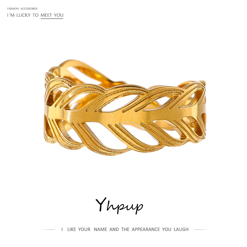 Yhpup Charm Rvs Leaf Open Ring 18 K Metal Goud Kleur Textuur Sieraden Voor Vrouwen Mode Bagues Giet Femme bijoux