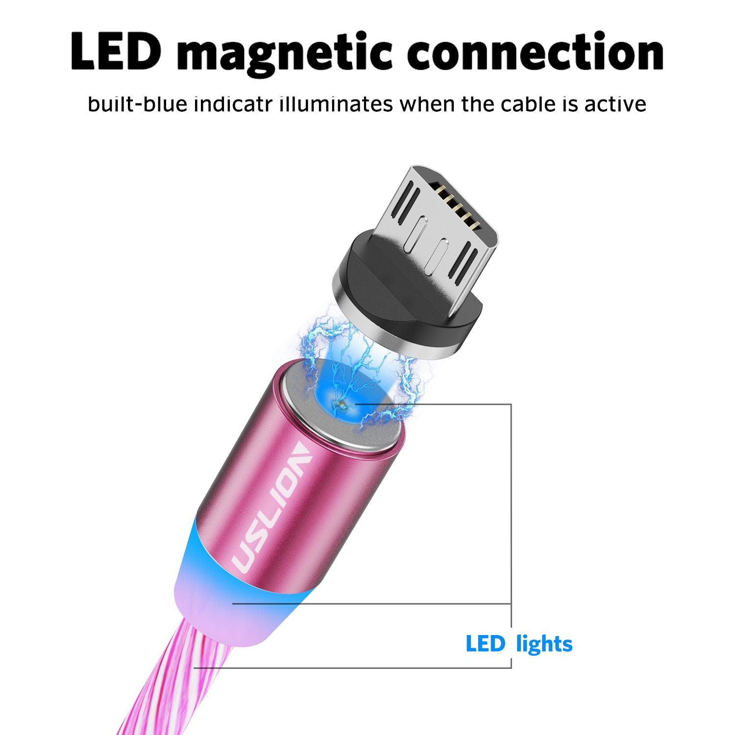 Cabo usb magnético de led uslion para celular, fio para carregador com micro usb tipo c para carregamento rápido para iphone samsung s10