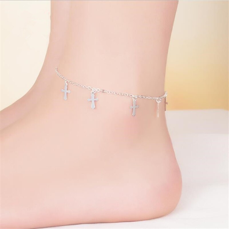 KOFSAC 925 Sterling Silver Anklets For Women Exquisite Cross Pendant Ankles Chain Bracelet Jewelry Girl Party