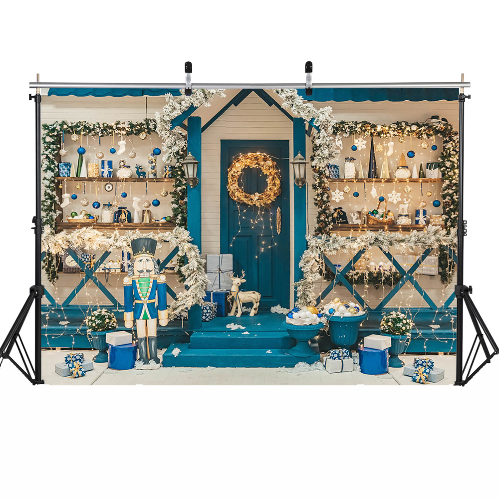Christmas Shop Backdrop Decorations Winter Blue House Birthday Cake Smash Portrait Background Merry Xmas Photography: 2500*3600