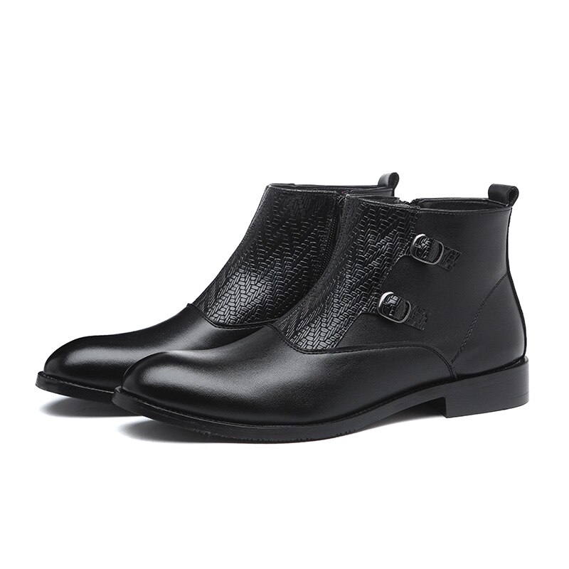 Dragkedja ankelstövlar metallspänne chelsea boots herr spetsiga tå plattor halkfria slitstarka cusual läderskor