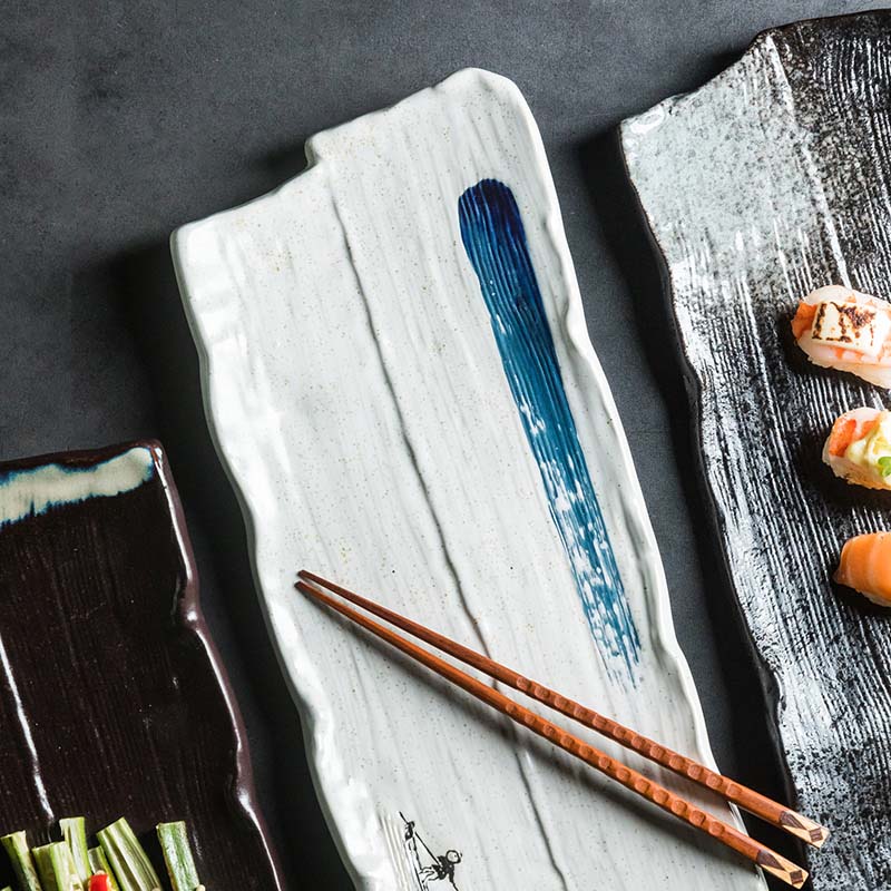 Large ceramic plate Large size sushi plate barbecue grilled wing plate rectangular cumin ribs flat plate