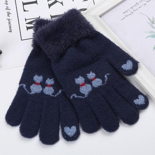 Teenagers Kids Winter Warm Leuke Kat Patroon Volledige Vinger Jacquard Gebreide Handschoenen: Marineblauw