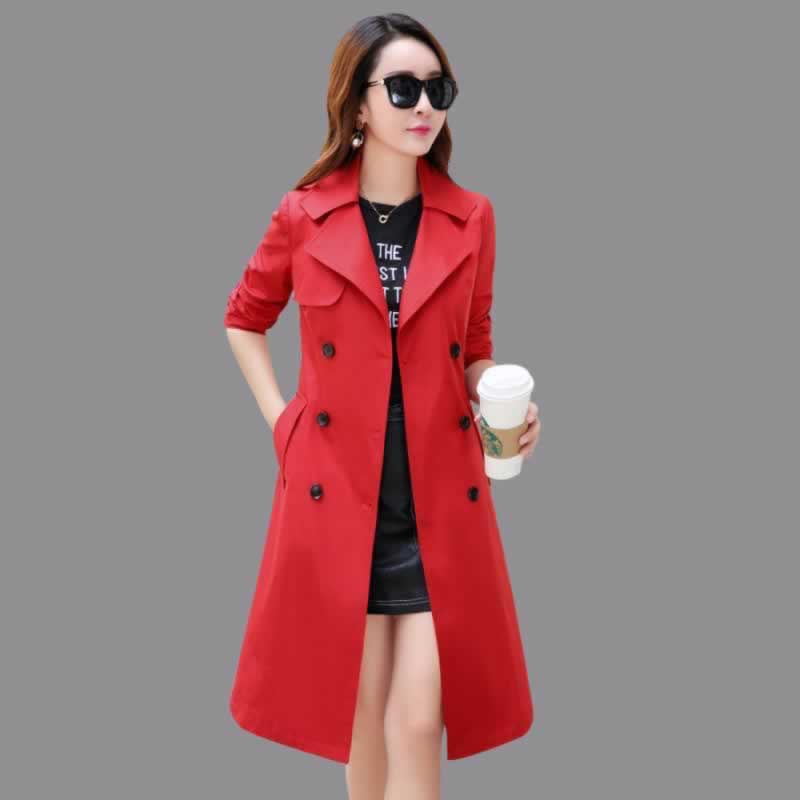 Printemps automne Trench manteau Double boutonnage Trench manteau femme Trench manteau longue femmes coupe-vent grande taille pardessus femme vêtements: Rouge / XXL