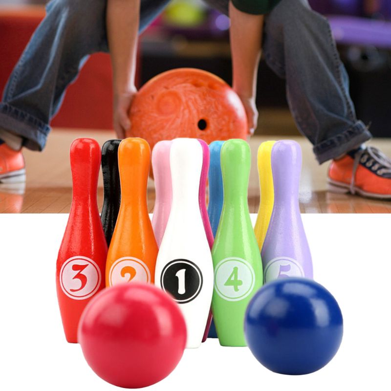 Juego de bolos de madera para niños, juego de bolos de 10 pines y 2 bolas, para interior, 12 unidades