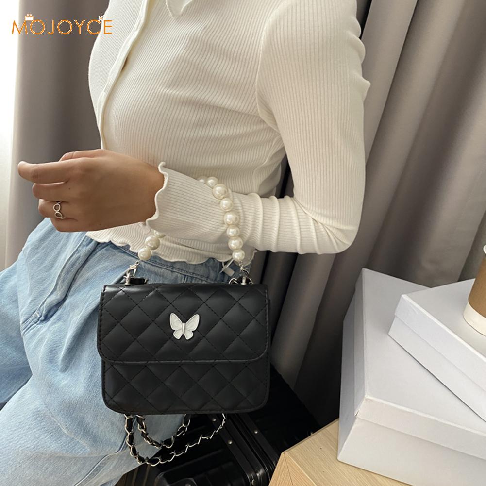 Gitter Muster Umhängetasche Frauen Schmetterling PU Leder Perle Klappe Schulter Messenger Handtaschen Casual Telefon Beutel