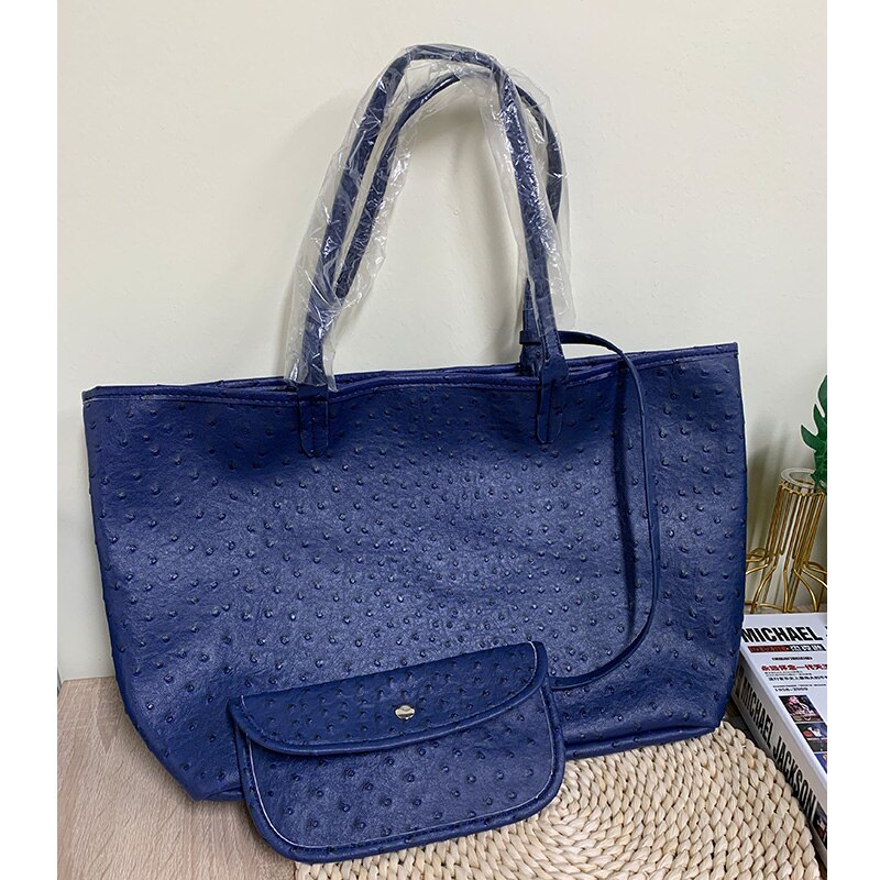 TOPHIGH Krokodil aufbringen Frauen Handtasche Strauß/Schlange Frauen Schulter Tasche Quaste Tote Große Kapazität Einkaufstaschen: Strauß Marine Blau