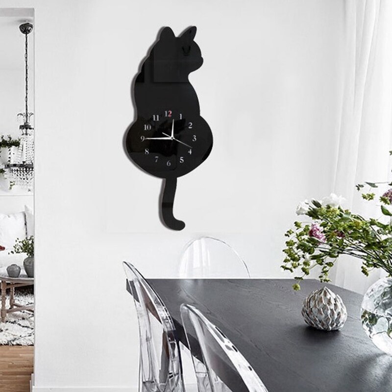 Modern 3D Digital Wall Clock Cat Swinging Tail Move Silent Non Ticking Pendulum Quartz Clock for Bedroom Home Decor