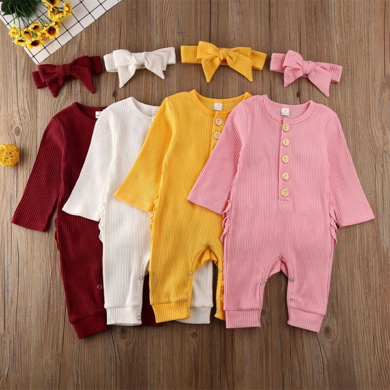 Newborn Baby Boy Girl Rompers Headband 2pcs Outfit Knitted Solid Kong Sleeve Ruffle Romper Jumpsuit Clothes