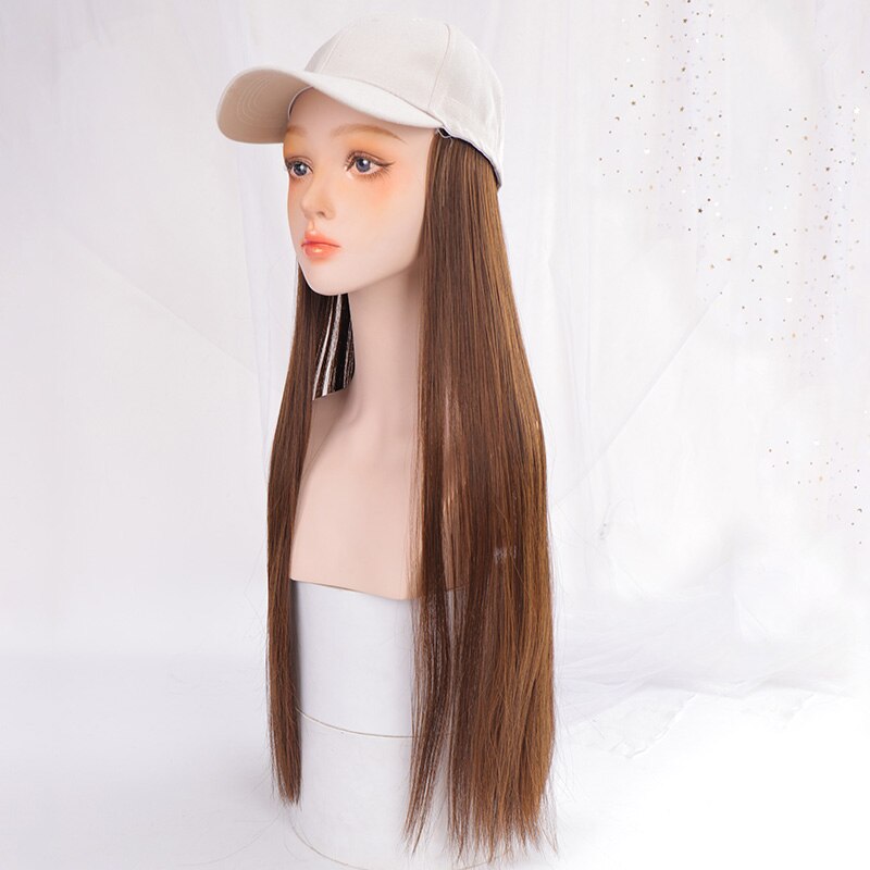 Berretto da baseball con capelli lunghi lisci capelli finti parrucca cappello estensioni dei capelli sintetici cappello con capelli parrucchino naturale per le donne: bianca