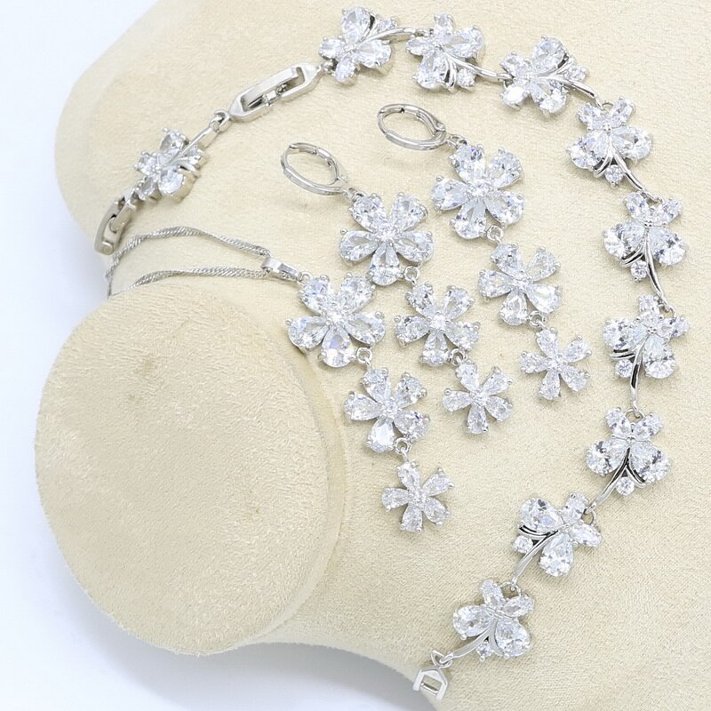 White Zircon Silver Color Wedding Jewelry Set for Women Bracelet Earrings Necklace Pendant Birthday: 3PCS with Bracelet