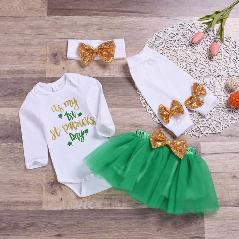 Ropa para niñas recién nacidas mi primer día de San Patricio, ropa para niñas, trébol, mameluco, niñas falda tutú, conjunto