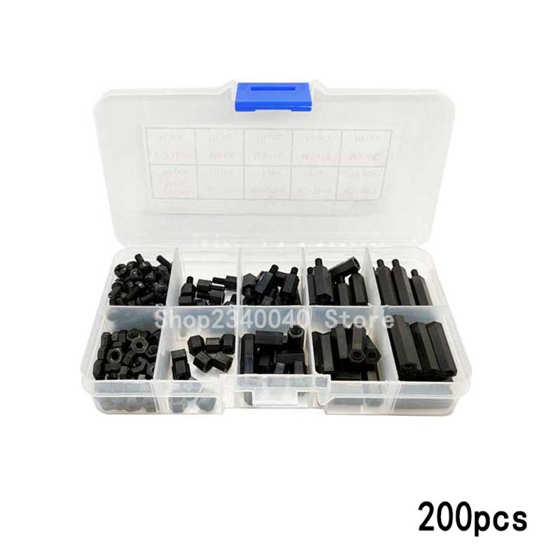 200 stk / sæt sort / hvid hex nylon standoff afstandsstykke søjle fladt hoved nylon plast afstandsskruer møtrikker  m3*5/10/15/20mm+6