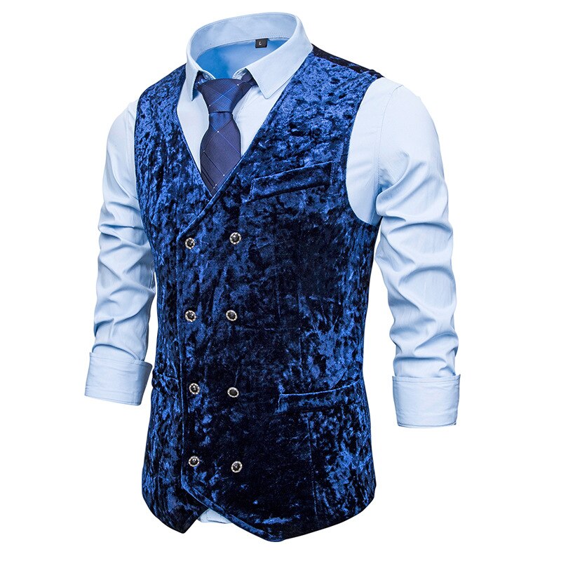 Mens Zweireiher Anzug Weste Neue Marine Samt Weste Männer schlank passen Geschäft lässig Weste Männlichen Chalecos Para hombre: Marine / M