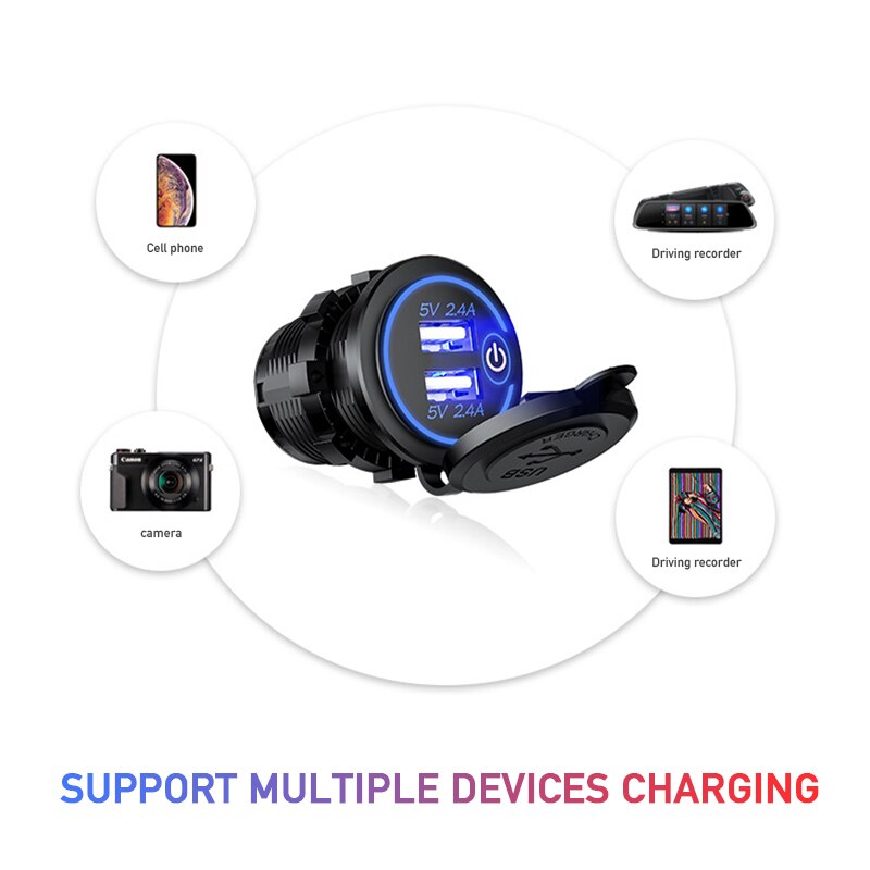 5V/2.4A Dual Usb Socket Car Charger Met Touch Schakelaar Waterdicht Stofdicht Cap 12V/24V auto Adapter Voor Iphone Xiaomi Huawei