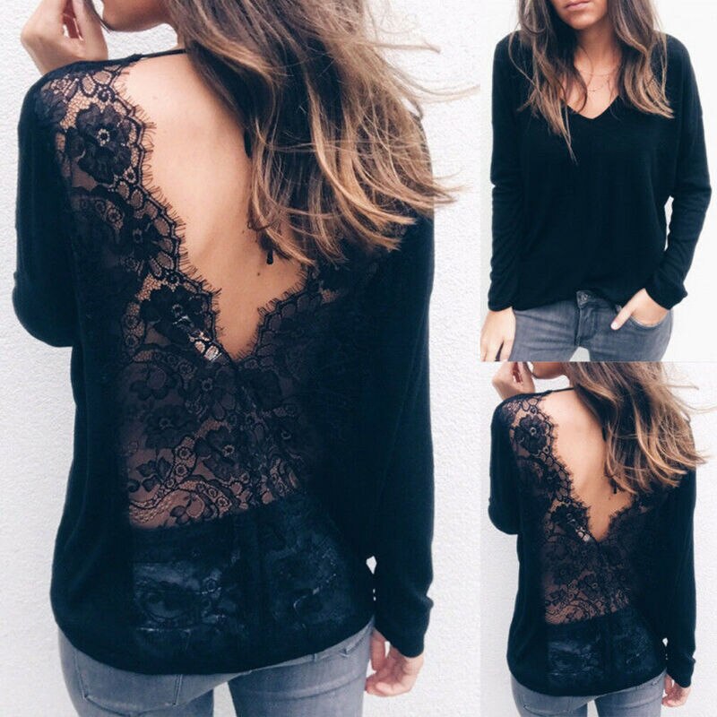 Womens Long Sleeve Casual Loose Blouse Top Ladies V T Shirts Tee Tops lace