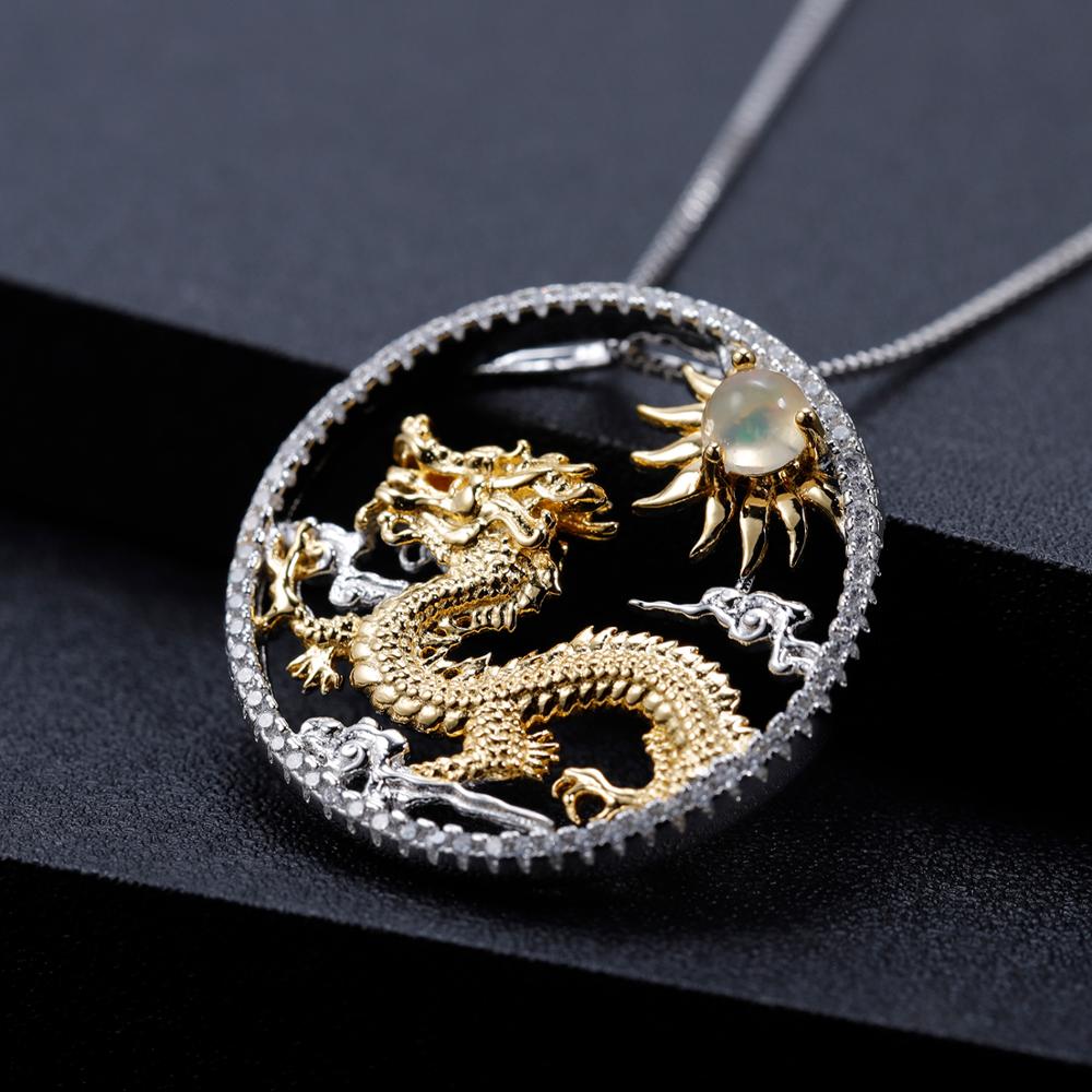 GEM'S BALLET Natural African Opal Gemstone Chinese Zodiac Jewelry 925 Sterling Silver Flying Dragon Pendant Necklace For Women