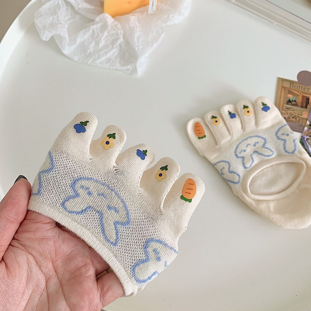 Calcetines de cinco dedos con personalidad para mujer y niña, medias elásticas invisibles antideslizantes con dibujos animados y flores
