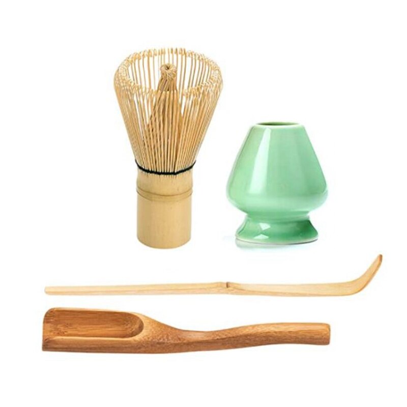 Japanese Matcha Tea Set - Matcha Whisk, Traditional Bamboo Scoop (Chashaku) and Tea Spoon, Ceramic Whisk Holder: Army Green