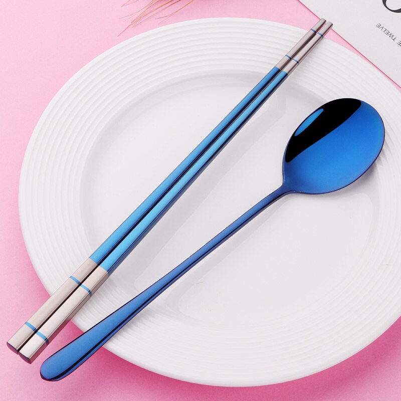 Hashi Silver 18/10 Stainless Steel Korean Chopstick and Spoon Set Dinnerware Black Dessert Spoon Long Handle Chop Sticks Set