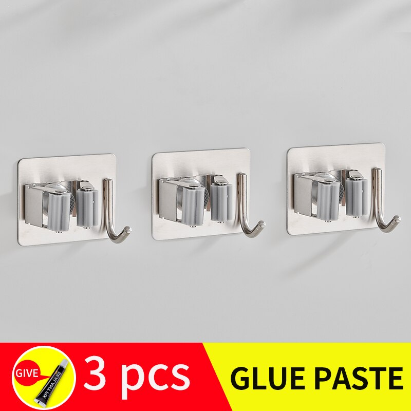 Salon balai et serpillère support inox robe crochets installation sans vis noir salle de bain étagères parapluie étagère de rangement: silver-3pcs