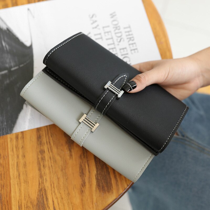 Women's H Letter Leather Wallet lady clutch purse Solid Color Drawstring Long 3 Fold Wallet Spring Model