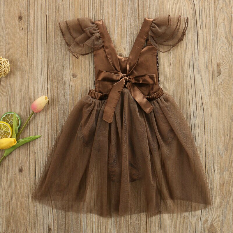Newborn Baby Girl Shiny Romper Brown Bodysuit Jumpsuit Outfit Tutu Mesh Kids Clothes 0-24M