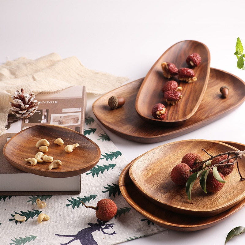 Round Square Wood Plate Breakfast Bread Plate Saucer Tea Tray Dessert Dinner Plate Tableware Whole Wood Fruit Dishes