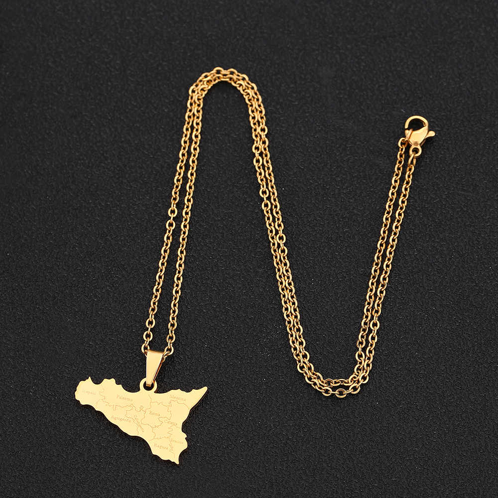 Collar con colgante de mapa y ciudades de Italia, acero inoxidable para mujeres y hombres, Color dorado y plateado, joyería italiana de Sicilia
