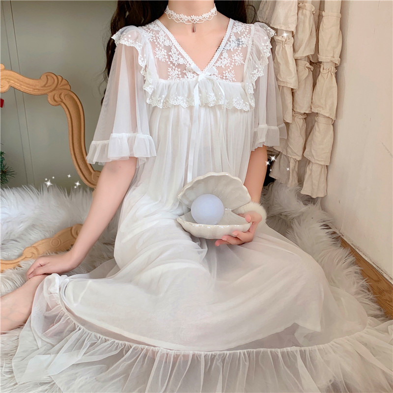 Camisón de princesa Lolita para mujer, ropa de dormir de encaje blanco Kawaii, Estilo Vintage victoriano: XL