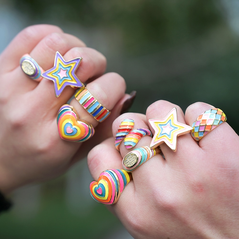 Rainbow Enamel Druipend Olie Ster Hart Ringen Voor Vrouwen Koper Goud Kleur Zirconia Punk Ringen Trendy Sieraden Verstelbare