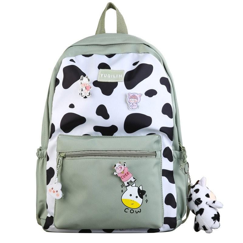 Cow Pattern Nyon Women Backpack Female Lovely School Bag For Teenage Girls Large Capacity Contrast Color Travel Bag Mochila: Green