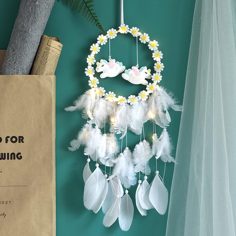Daisy Handmade Dream Catcher with LED Light Dreamcatcher Pendant Hollow Wind Chimes Wall Hanging Home Decoration