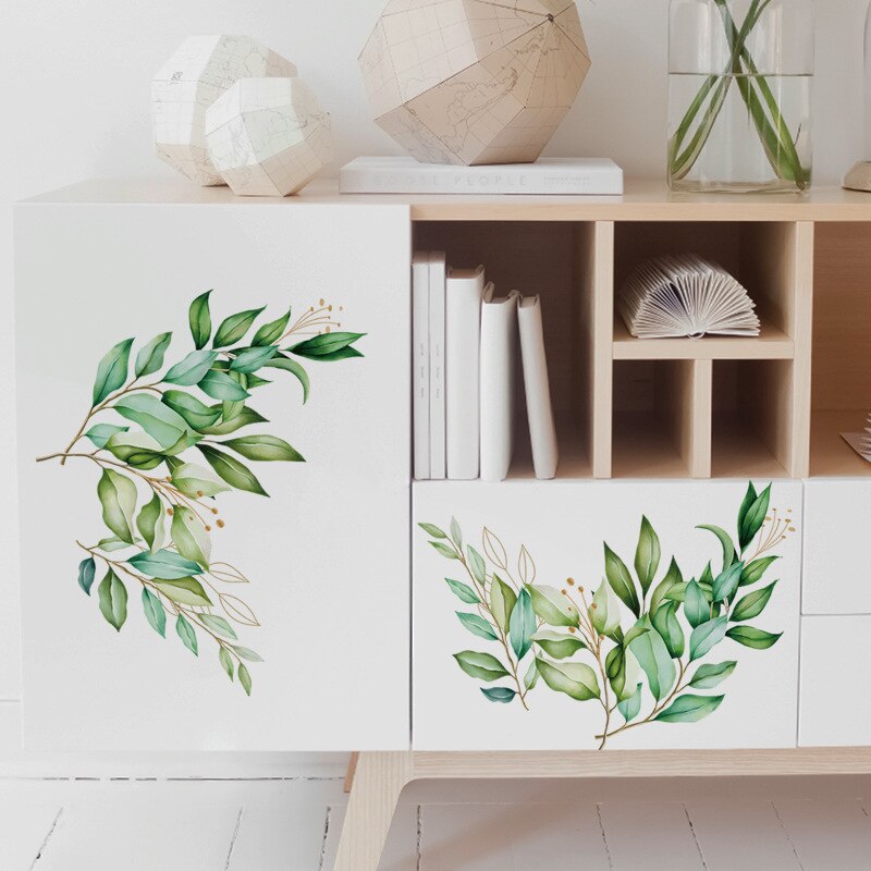 Green Leaf Wall Stickers Bedroom Living Room House Decorations Removable Mural Cupboard Wall Decor Combination Wallpaper