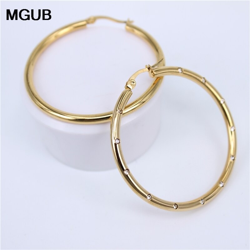 MGUB Diameter 35MM-55MM Big crystal Hoop Earrings Gold Color Stainless Steel Jewelry Circle Round Earrings For Women LH501