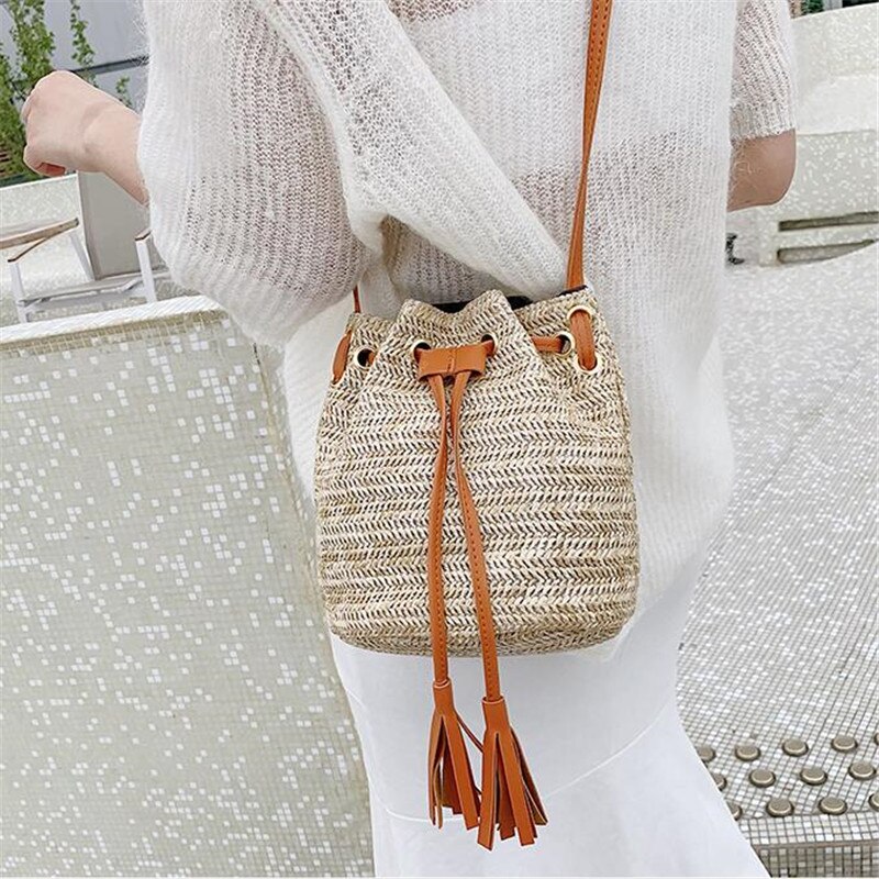 Sommer kvinder kvast bærbar slung skuldertaske retro snøre bucket bag håndtaske