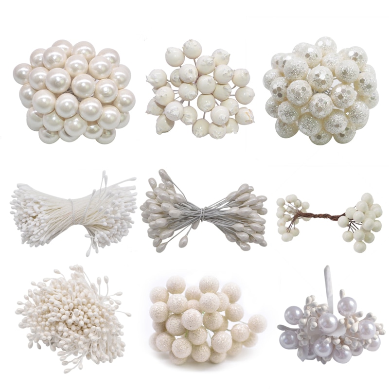 Artificial Flower Mini Stamen White Glass Berries Stamen For Wedding Party Home Decoration DIY Wreath Handmade Craft Accessories