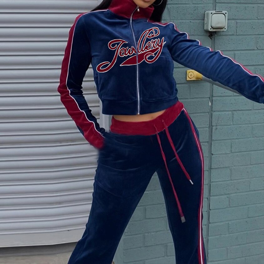 Chándal de terciopelo con letras estampadas para mujer, conjunto de 2 piezas, sudadera + pantalones de chándal rectos a juego, ropa de calle deportiva para Fitness