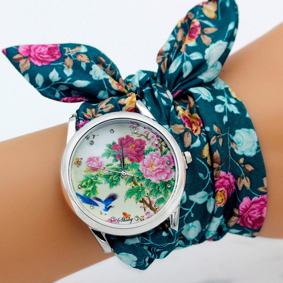 Shsby Dame Bloem Doek Horloge Vrouwen Jurk Horloge Stof Zoete Meisjes Armband Horloge Zilver 21 ~ 30 Horloges