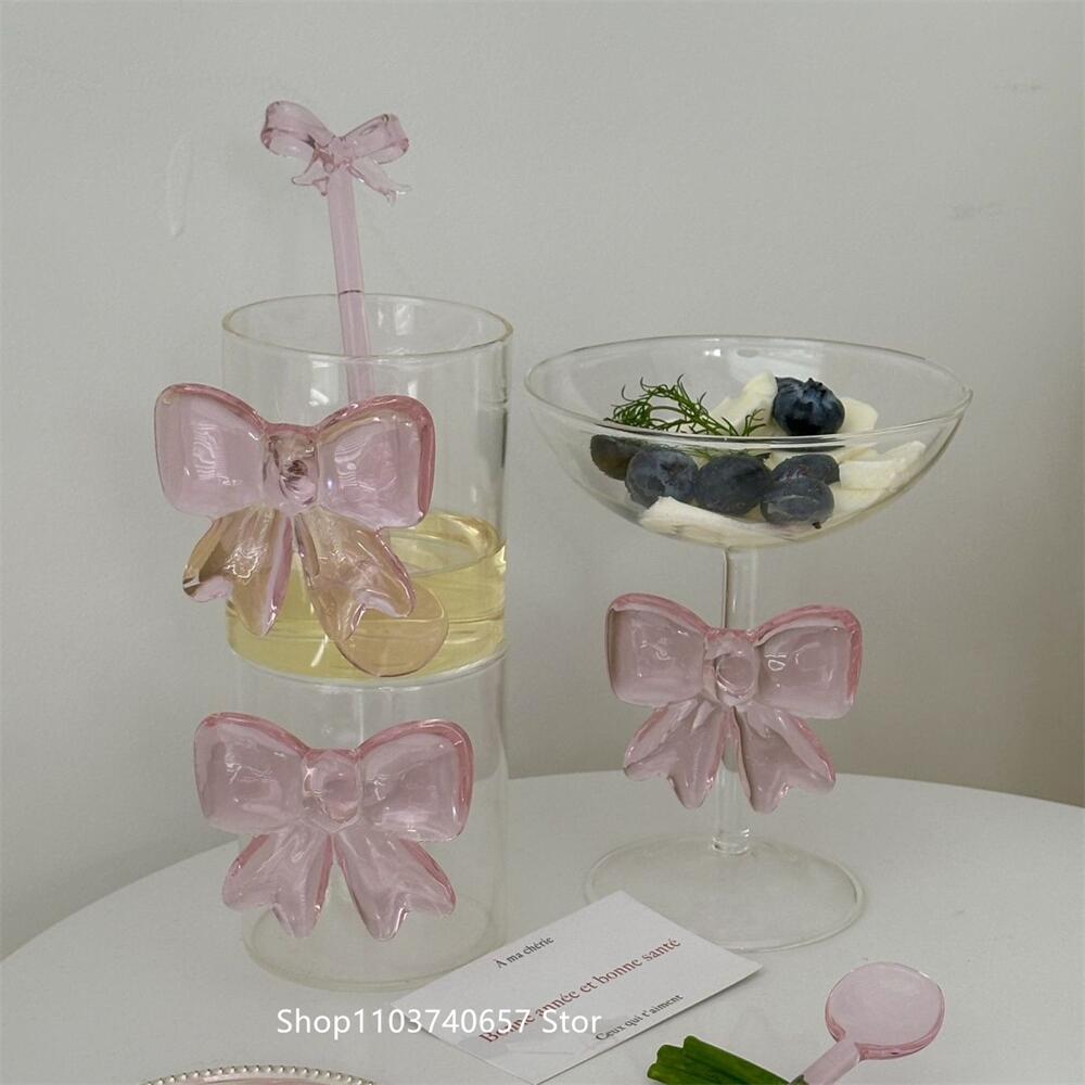 Pink large Bow Glass Decor Glass Cup Goblet Bow Handle Glasses Heat-resistant High Borosilicate Dessert Ice Cream Bowl