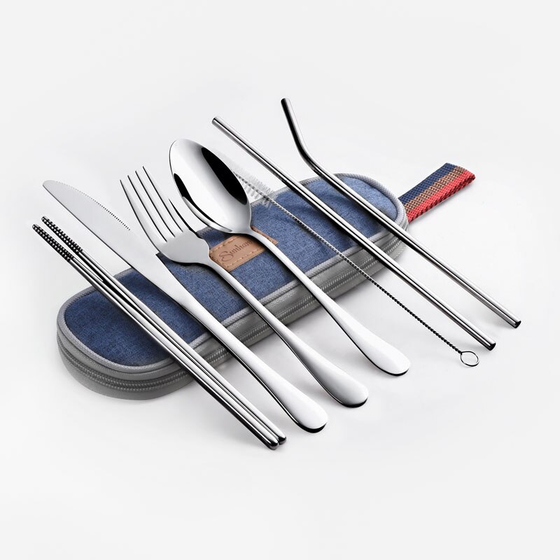 Serviesje Reizen Camping Bestek Set Herbruikbare Zilverwerk met Metalen Stro Lepel Vork Eetstokjes en Draagbare Case: silver B
